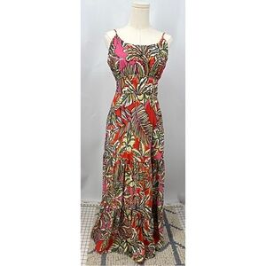 C&C California linen blend color tropical print tiered maxi dress M